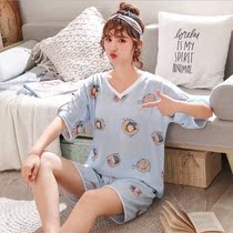 Cotton pajamas womens summer short-sleeved cotton silk suit large size can be worn outside love cartoon suit artificial cotton home clothes