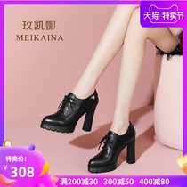 Spring and autumn leather high heels womens thick heel single shoes round head water table thick sole lace belt deep mouth leather shoes cowhide womens shoes