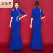 Ao Manlin high-end embroidery catwalk cheongsam long costume modified version high open fork elegant slim dress female