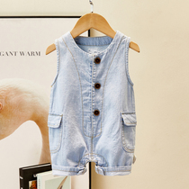 Baby Denim One-piece Clothing Short Sleeves Clothes Summer Thin Korean version Baby Summer clothes Harvest for six months Baby climbing
