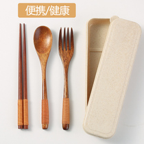 Wooden spoon chopsticks set Japanese fork student portable tableware three sets storage box single person food tableware