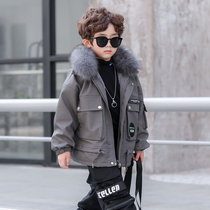 Boys leather jacket 2021 new winter dress childrens middle-aged childrens locomotive suit foreign style plus velvet thickened handsome tide