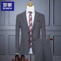 Romon groom suit suit mens three-piece wedding wedding dress business casual formal dress English striped suit