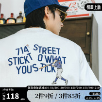 714street Day Ensemble Retro Short Sleeve T-Shirt Male Tide Card Lovers SUMMER NEW LOOSE PURE COTTON PRINT Compassionate