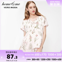Vero Moda Spring and Autumn new drawing rope floral short sleeve simple solid color comfortable home clothes women) 3191P9503