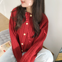 Red sweater womens life year knitted cardigan vintage sweater twist short round neck lazy sweater women