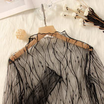Very fairy micro-transparent inside with thin base shirt Korean black lace mesh sexy semi-high collar shirt tide