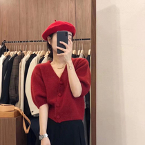 Hong Kong flavor retro chic sweater womens autumn and winter new premium interior red V-neck knitted cardigan short top