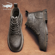 Crocodile martin boots men's warm cotton shoes in autumn and winter plus velvet English wind snow men's boots high-top leather boots tooling boots