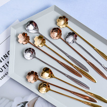 Nordic style ins flowers cute creative stainless steel spoon cherry blossom mixing rod household long handle dessert coffee spoon