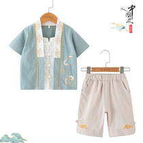 Summer boys Tang suit children short-sleeved cotton hemp Hanfu retro Chinese kindergarten clothes show baby daily class clothes