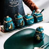 Light luxury seasoning can Emerald household ceramic soy sauce bottle seasoning bottle can Oil pot ingredients can set with tray Nordic