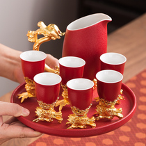Toast Cup Wedding High Foot Wedding Wine Bottle Red Wine Cup Antique Ceramic Double Festive Wine Dialter Set