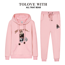 Bear casual sports suit womens two-piece autumn and winter plus velvet plus thick size loose sweater sweatsuit coat tide