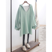 Sweater women spring and summer thin Korean 2021 New loose size vneck hooded long split top top ins tide