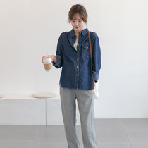 Autumn 2021 New pregnant womens coat long sleeve outer shirt Korean fashion large size belly thin denim shirt