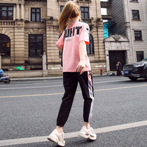 Sportswear Suit Womens Summer Thin web Red Fried Street Tide Card Casual Fashion College Wind Ocean Gas minus two sets