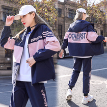 Spring sportswear suit women spring and autumn 2021 new fashion leisure middle school students sweater two-piece ins tide