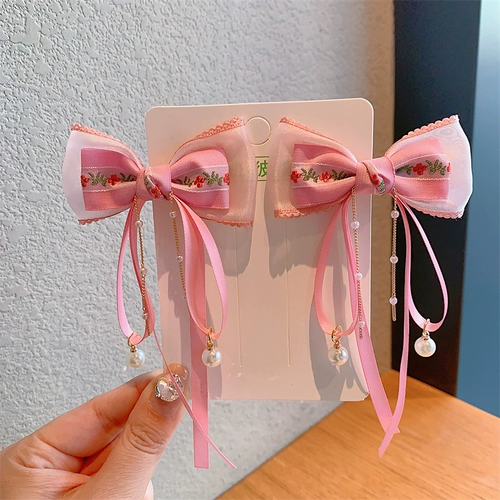 Летнее ханьфу с бантиком с кисточками из жемчуга, ретро этническая заколка для волос, этнический стиль, цветочный принт