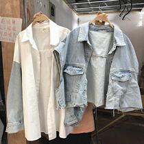 Foreign style aging suit female autumn fat mm denim sleeves patchwork shirt vest two-piece set 200 pounds large size womens clothing