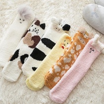 Coral velvet socks womens midline socks autumn and winter plus velvet thickened home floor socks Japanese cute moon socks