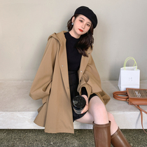 Khaki windbreaker women short 2021 Autumn New Korean version of loose temperament hooded cloak waist small man coat