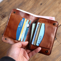 Retro Handmade Wallet Male short Leather Niche Design Ultrathin Tide Head Layer Bull Leather plant Leather Vertical leather clip