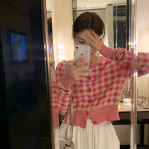 Pink French top knitted cardigan women thin 2021 Autumn New gentle style plaid short sweater women tide