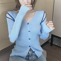 Summer 2021 Korean fashion Joker careful machine design sense slim long sleeve V-neck strapless knitted cardigan tide
