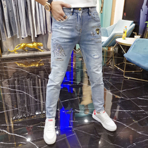 European Station Summer Network Red 90% Jeans Male Tide Gold Bull Hot Drilling Broken Hole for a small foot Tide Card Mens Pants