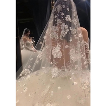 Champagne wedding veil super long Korean pearl lace rhinestone veil bride retro Mori heavy industry marriage