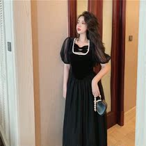 Hepburn style French black velvet little black dress 2021 new summer waist stitching mesh dress dress womens summer