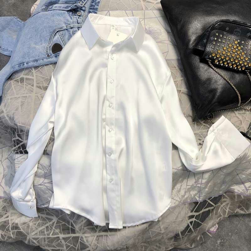 シルクサテン白シャツ女性の長袖 2032 春と秋の新デザインニッチトップレイヤードシフォンシャツ