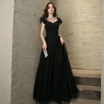 Black banquet evening dress female 2021 new high-end temperament host annual meeting light luxury niche long senior sense
