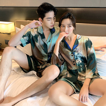 Couple pajamas womens summer ice silk thin two-piece set 2021 new mens summer silk short-sleeved home dress