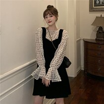 French temperament strap skirt suit female sweet retro Joker A- shaped Tuffy skirt wave dot bottoming shirt two-piece set