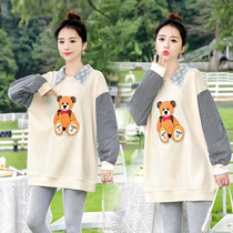 Pregnant women autumn suit fashion model 2021 new long sleeve T-shirt cartoon cute lapel top two-piece Net Red