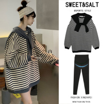 Pregnant women Autumn Sweater spring and autumn 2021 New late pregnancy female size autumn stripe set fashion style