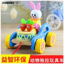 Childrens wooden bear tow car baby drag toddler cartoon bear drum toy car animal small