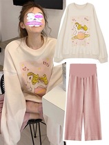  Pregnant womens sweater suit womens spring and autumn trendy mother out fashion printed top loose casual wide leg pants two-piece suit
