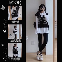 Pregnant Woman Knit Waistcoat Vest Spring Autumn New 2022 Large Code Loose Blouse Slats Bottom Cardiovert Jacket Two Suits