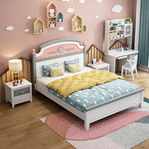 Modern simple solid wood childrens bed Girl princess bed 1 5 meters girl bed Girl single bed storage solid wood bed