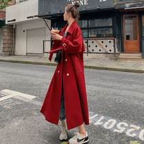 Red windbreaker womens long Korean version loose 2021 spring and autumn new waist thin waitmore jacket thin section