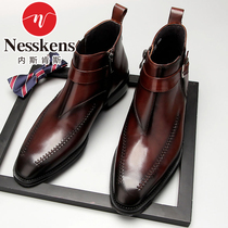 Neskens Goodyear Handmade High-Top Shoes Men's Pointed-Toe Martins Men's Leather Boots Fashion Short Boots Leather Boots