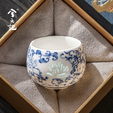 青花 玲瓏盃 茶盃 景德鎮玲瓏瓷蓋碗茶杯不燙手單個家用中式高檔手繪青花陶瓷三才碗