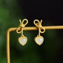  Love earrings female plated gold temperament heart-shaped bow earrings small and exquisite short Hetian jade earrings