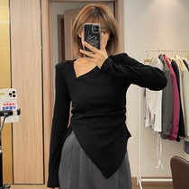 Spring and Autumn Pure Desire Design Sense Top Female ins Solid Color Interior base shirt Slim Spared Rope Long Sleeve Black T-shirt