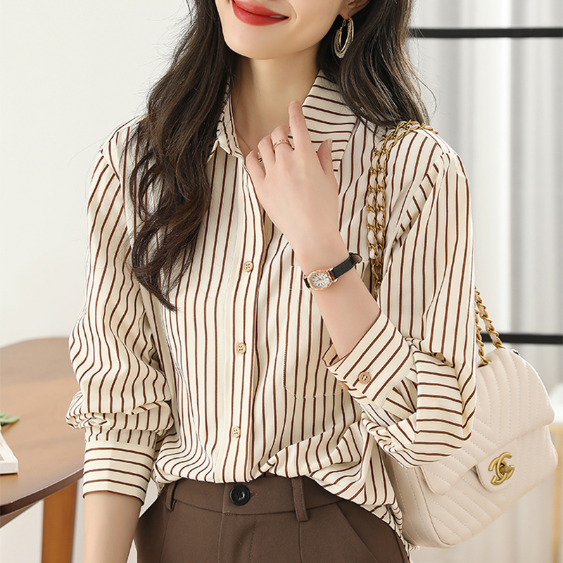 Pure cotton striped shirt, women's foreign style, all cotton high-end feeling, spring and autumn 2023, new fashion, long sleeved casual shirt