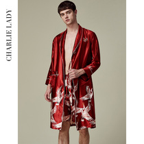 Nightgown mens spring and summer thin ice silk red wedding groom pajamas Bathrobe loose casual Crane home clothes