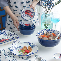Encan Japanese style and style creative tableware set ceramic household dishes dishes dishes blue and white monks restaurant dishes rice bowls